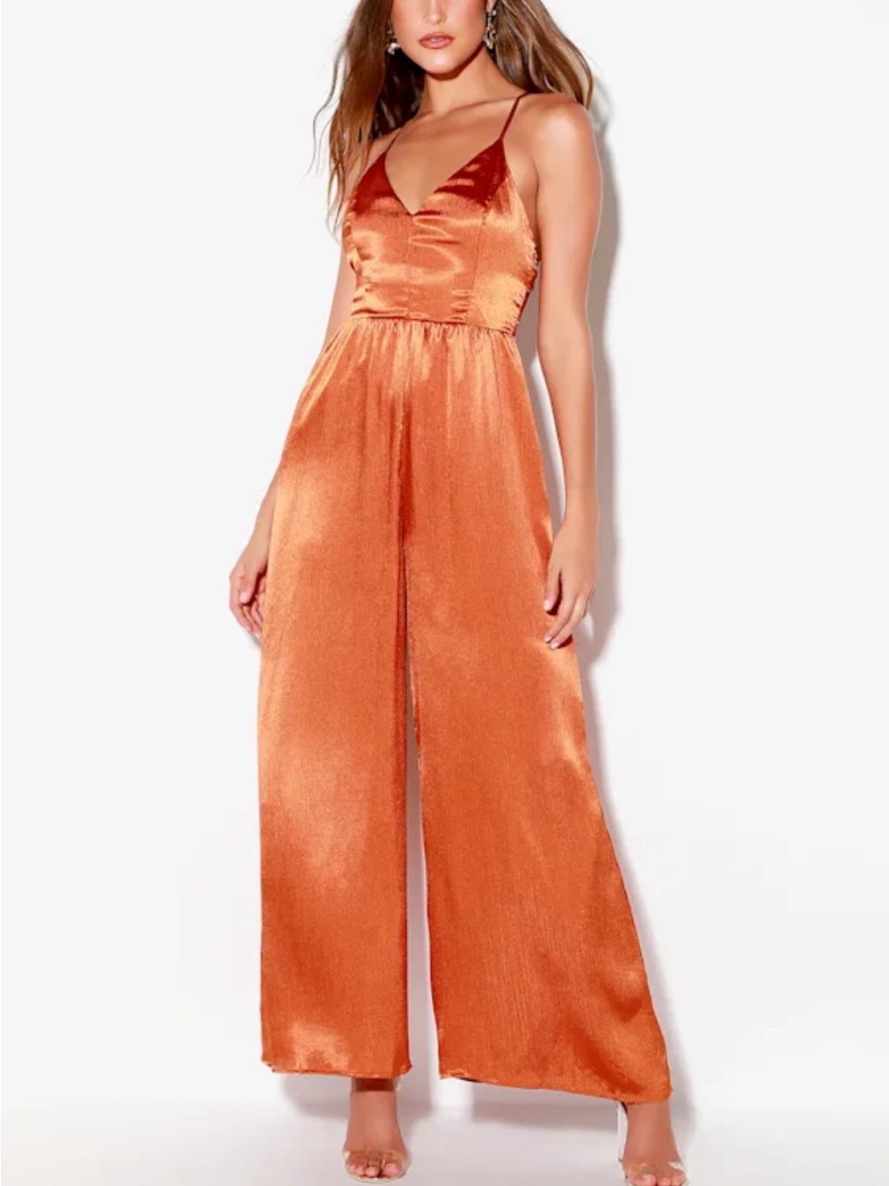 Lush Satin Spaghetti-Strap Wide-Leg Jumpsuit - Orange